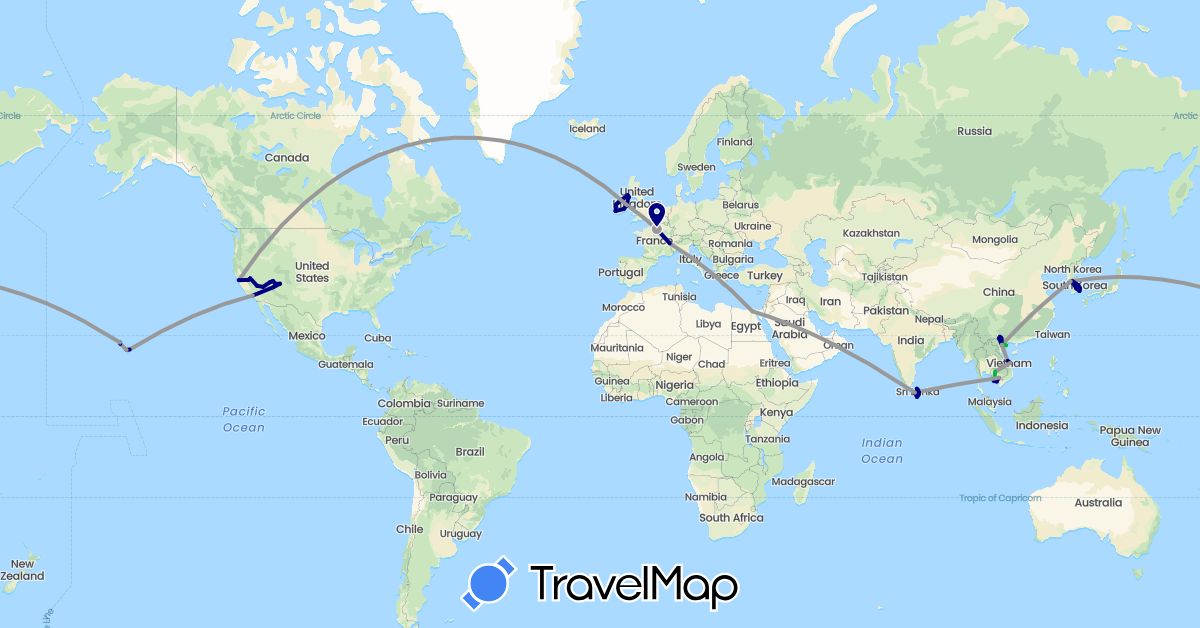 TravelMap itinerary: driving, bus, plane, train, boat in Egypt, France, United Kingdom, Ireland, Cambodia, South Korea, Sri Lanka, United States, Vietnam (Africa, Asia, Europe, North America)